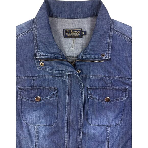 Ci Sono Adorak Jacket Drawstring Waist Blue Denim Cotton Tencel Pockets Sz Small - Picture 2 of 13